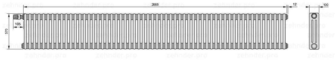 Схема (чертеж) Радиатор Zehnder Charleston 3057/58 №V012 Technoline TL